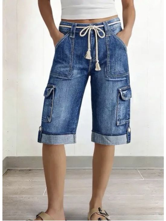 Flamingals Pants - Wash Roll Hem Flap Pocket Belted Mid Rise Denim Bermuda Shorts “2XL